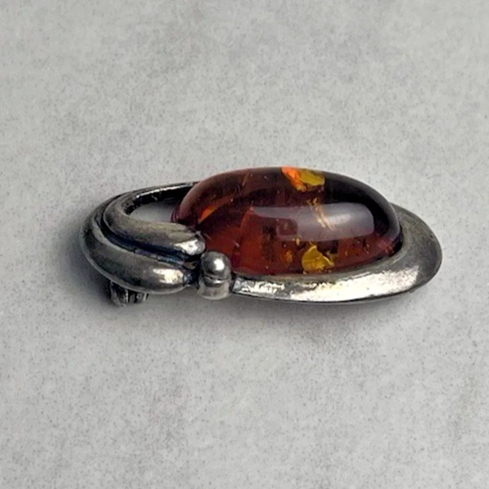 Vintage Genuine Amber Sterling Silver 925 Oval Brooch Pin Classic Estate Jewelry